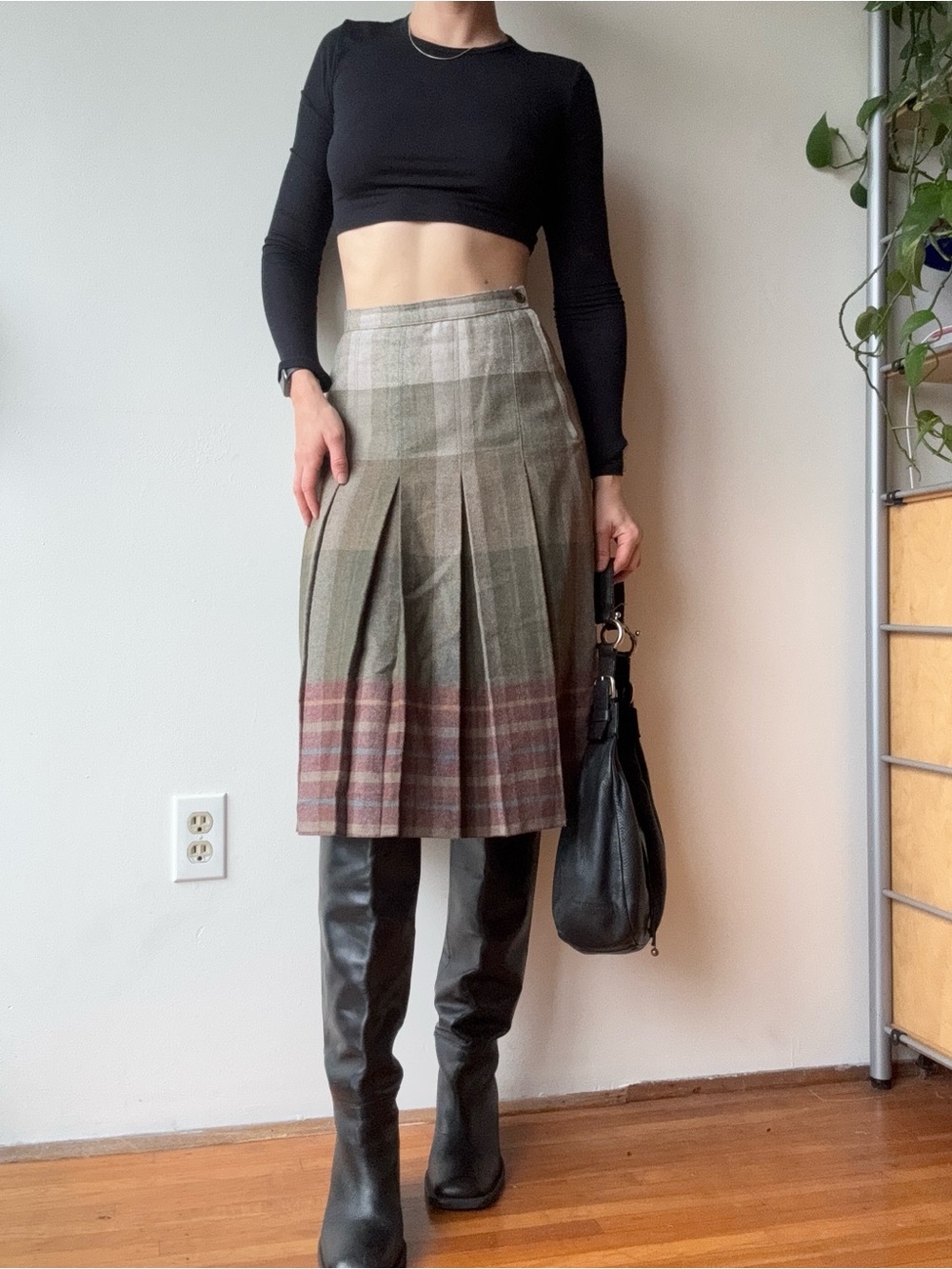 Vintage Plaid Pleated Wool blend Midi Skirt